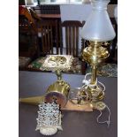 Brass/copper fire bellows, pierced brass trivet, two division letter rack and an oil lamp