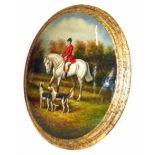 Raised oval reproduction oil painting of Red Coated huntsman on horse and two hounds 60 x 49cm