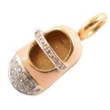 Aaron Basha designer diamond set and pink enamelled baby shoe pendant