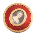 French 18ct gold and enamel round powder box with portrait miniature on ivory