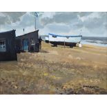 Donald McIntyre, Beach scene with boats, acrylic.