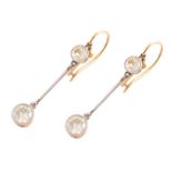 Pair of diamond 2-stone yellow and white gold drop earrings