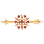 Victorian/Edwardian ruby and diamond star burst cluster 15ct gold bar brooch