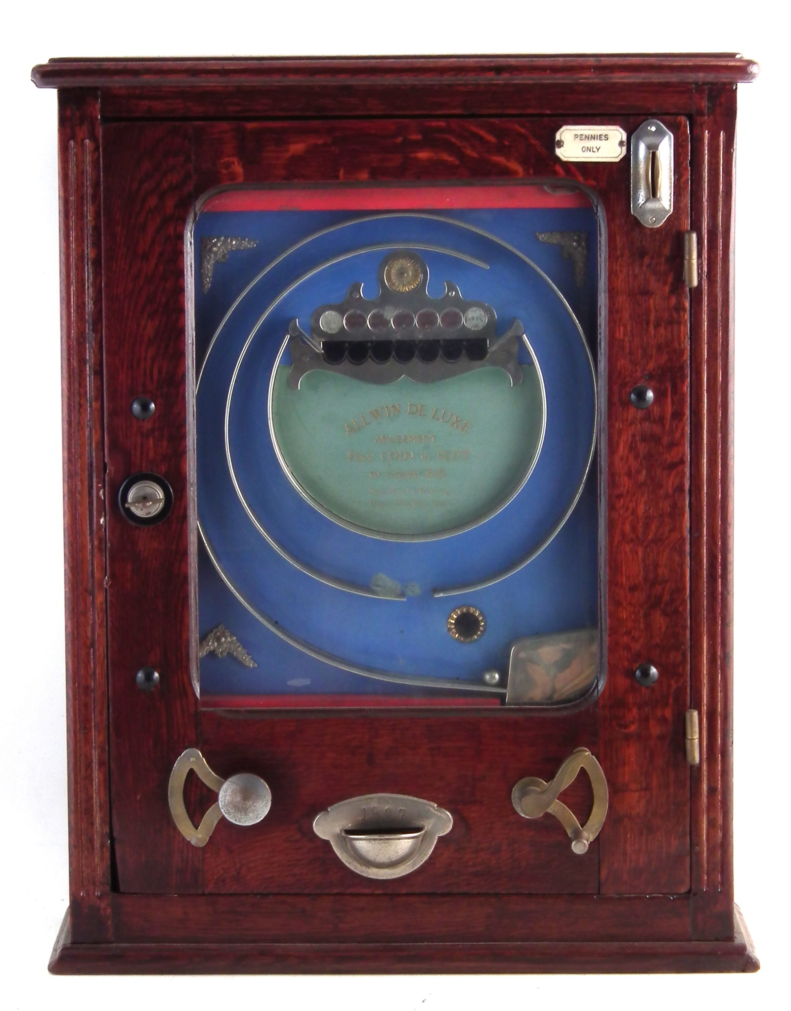 Allwin Deluxe penny slot pinball machine, numbered or dated 1907, with one key, 65cm high The