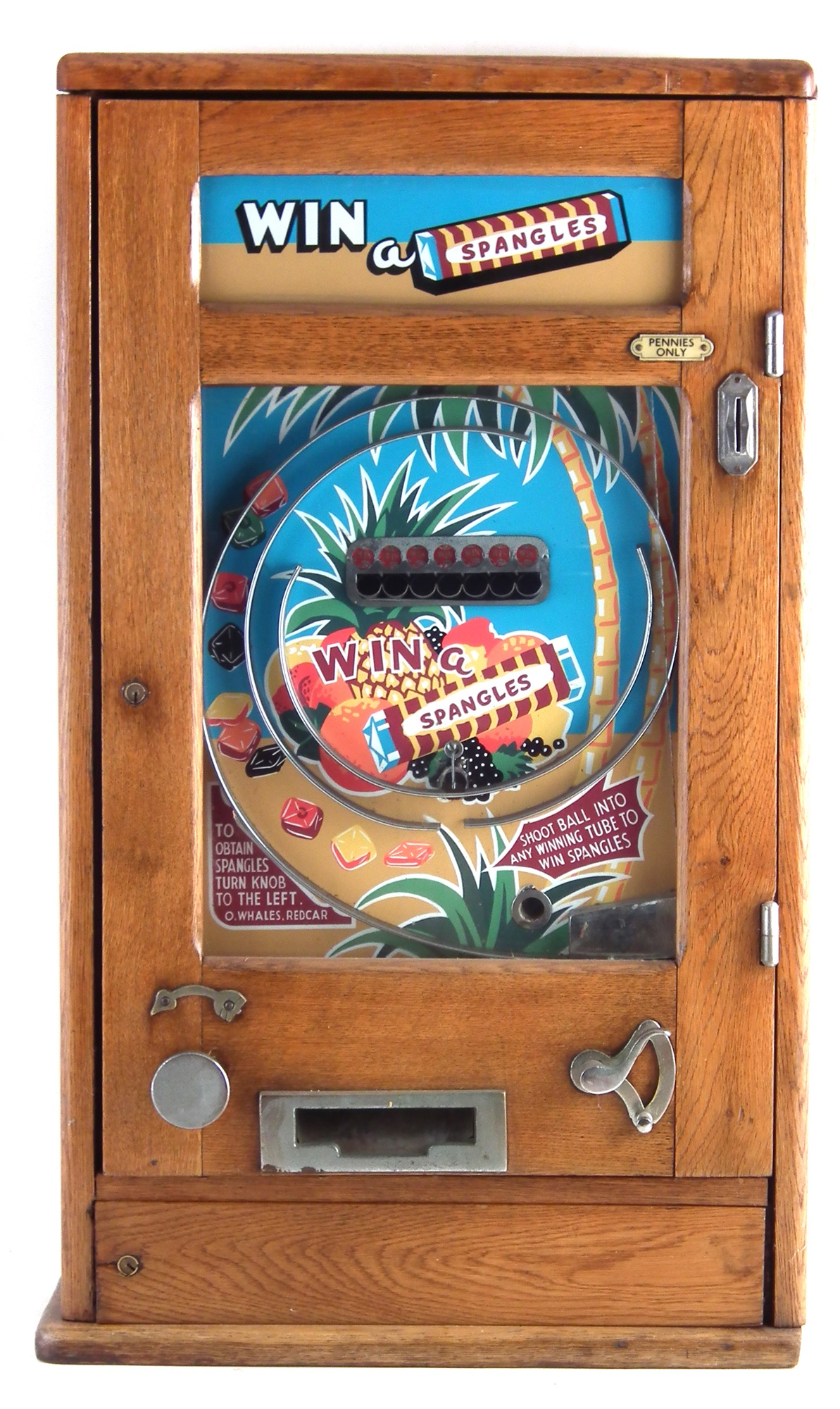 Oliver Whales 'Win Spangles' penny slot pinball machine , with two keys, 81cm high Mechanism not