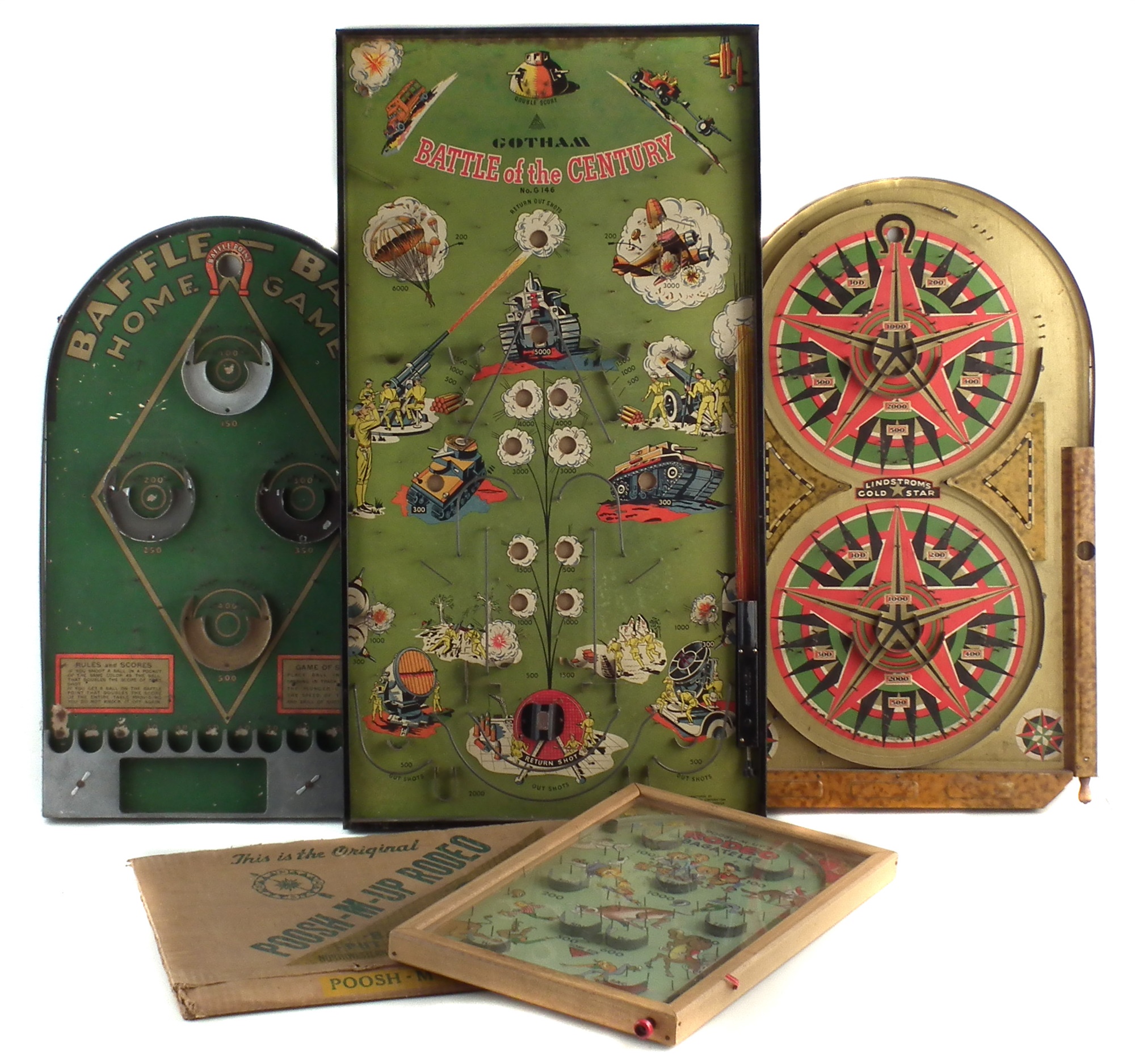 Four vintage Bagatelle board games, to include Poosh-Em-Up Rodeo, with box, Gotham Battle of the