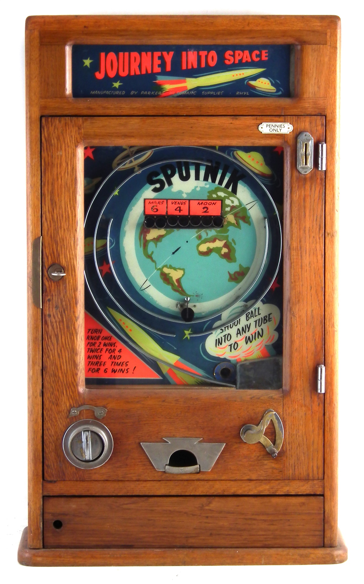 Parkers Automatic Supplies 'Journey into Space' penny slot pinball machine, seven hole game, with