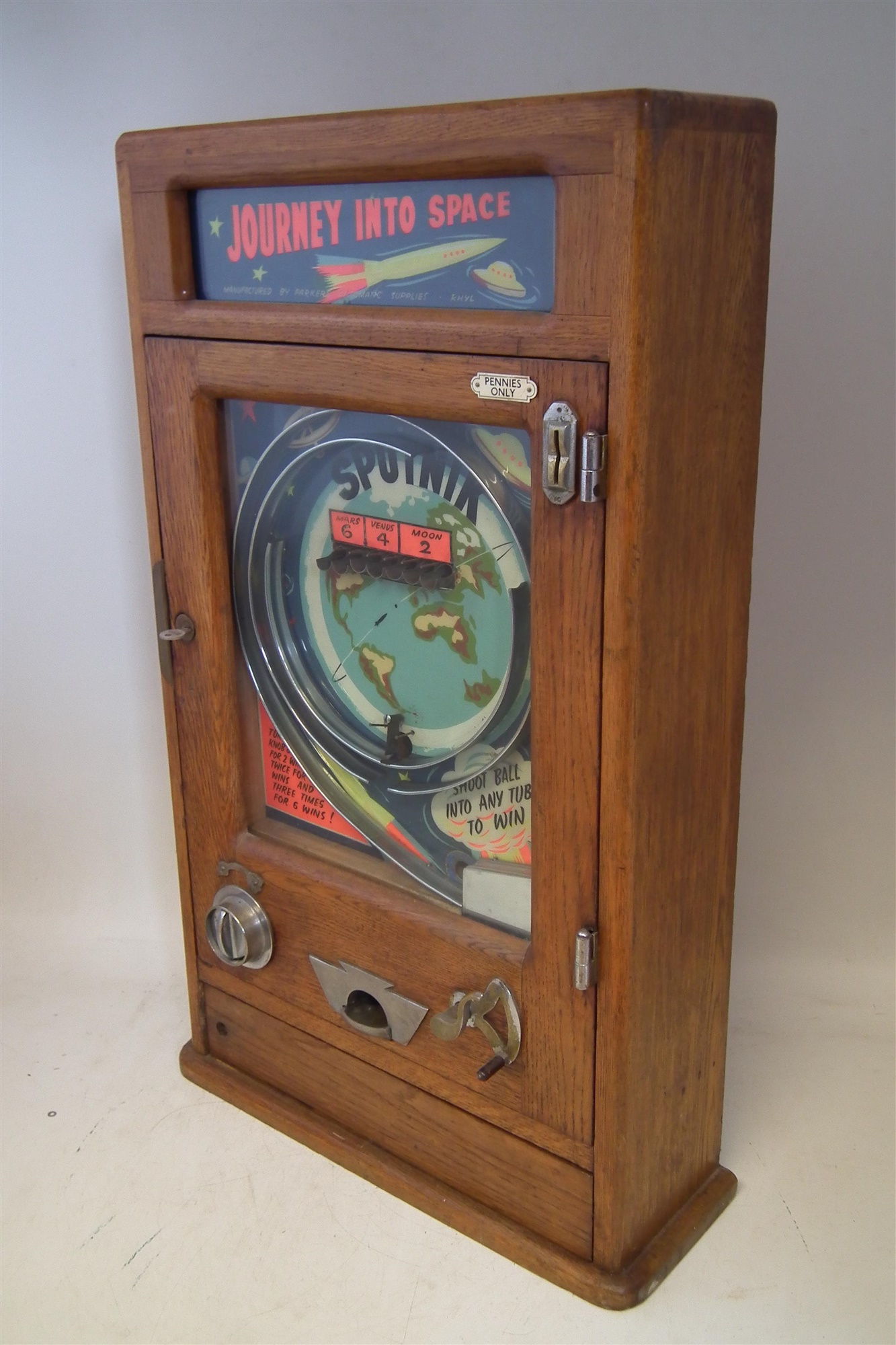 Parkers Automatic Supplies 'Journey into Space' penny slot pinball machine, seven hole game, with - Image 2 of 11