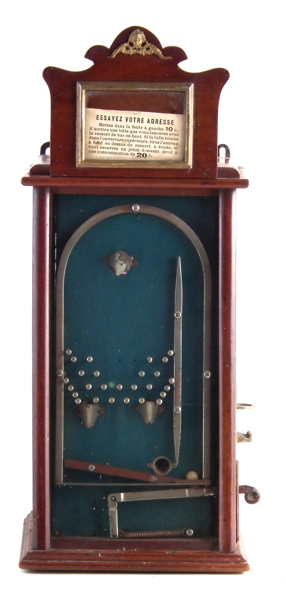 French slot machine, stamped inside A Bessmann, working off a 10c coin, with key, 55cm high
