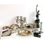 A pair of modern pewter candlesticks, hip flask, spelter figureen, candelabra etc