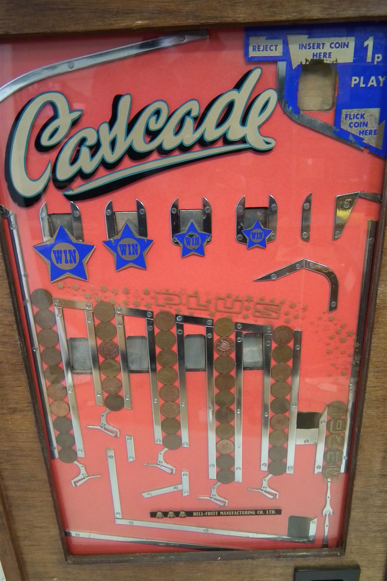 Bell Fruit Manufacturing Cascade penny slot machine, with key, 77cm high The machine appears to - Image 6 of 13