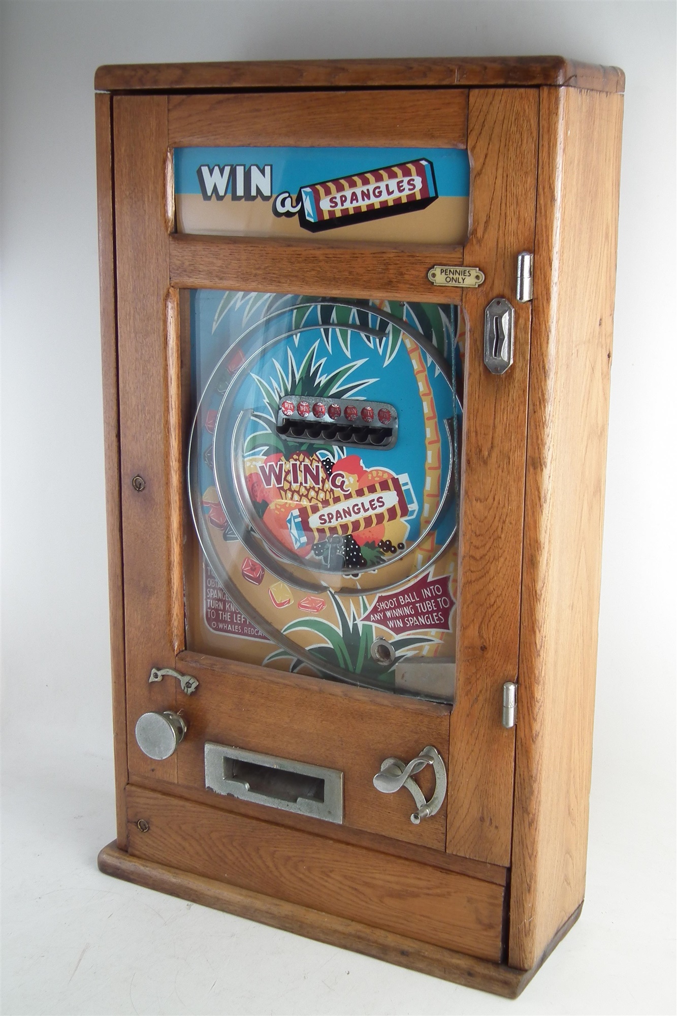 Oliver Whales 'Win Spangles' penny slot pinball machine , with two keys, 81cm high Mechanism not - Image 2 of 10