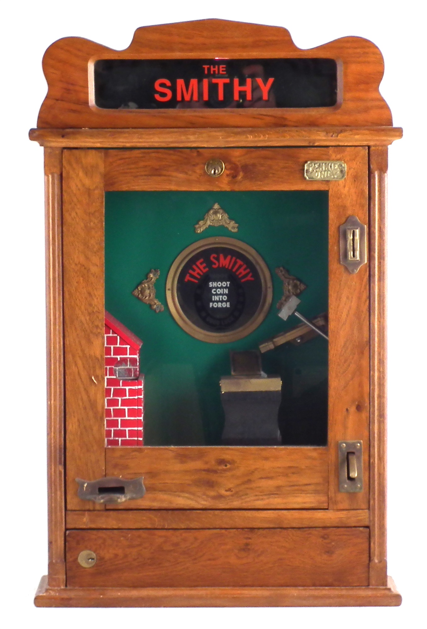 The Smithy penny slot flick machine reproduction, with four keys, 68.5cm high The machine appears to