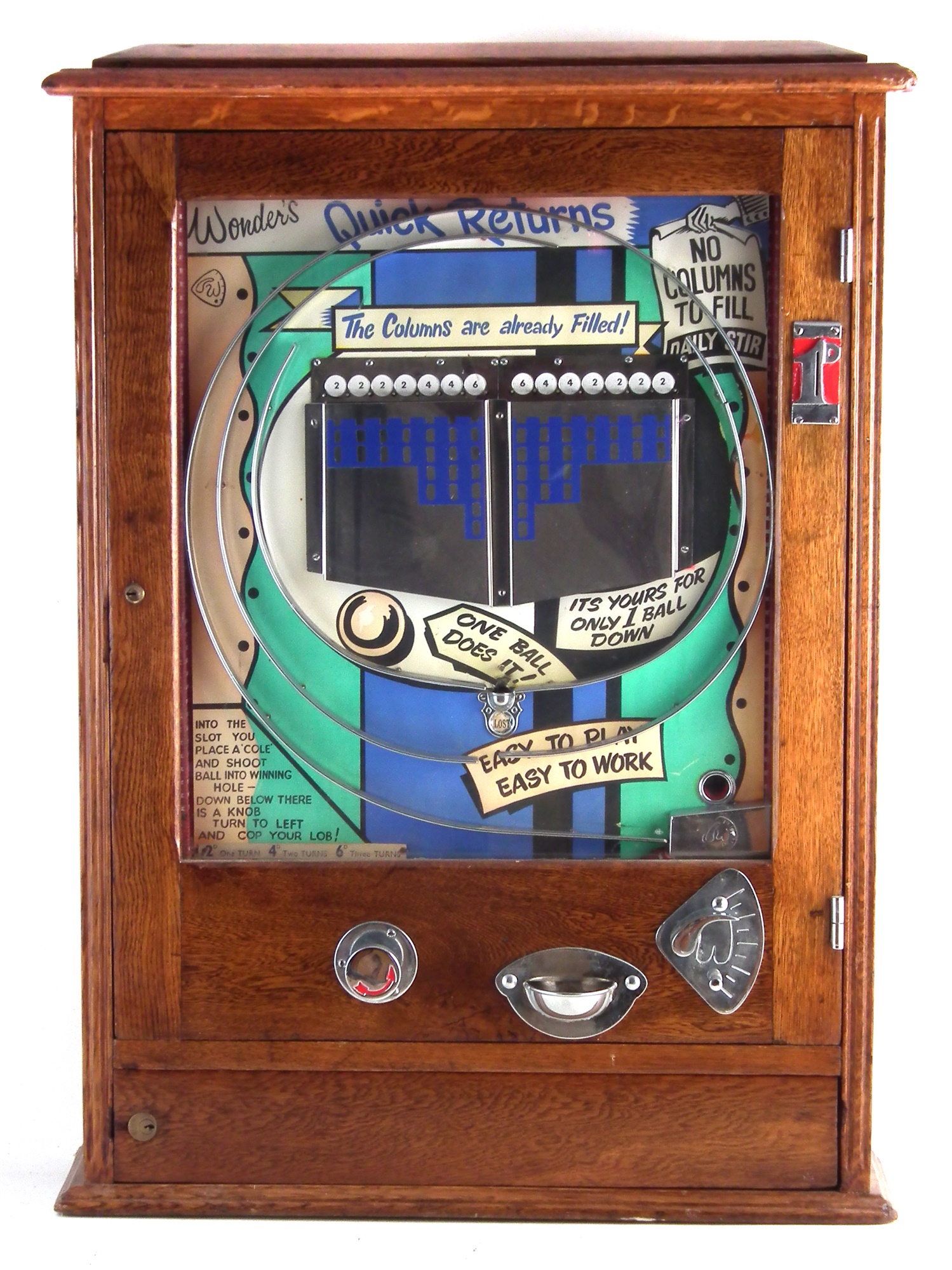 Wondermatic 'Quick Returns' penny slot pinball machine, with two keys, 88cm high. The machine