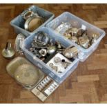 Three assorted boxes of silver plates, EPNS and white metalware, including teapots, cutlery, dishes