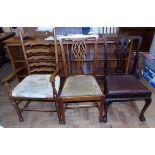 Two Chippendale and one ash and elm ladder back open arm chair