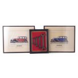 Framed board with five Austin car spanners with two Humber car showroom promotion prints Circa 1940