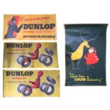 Three Dunlop Tyre promotion posters and a Christmas poster "Give Him a Lucas Accessory", 76cm (30")