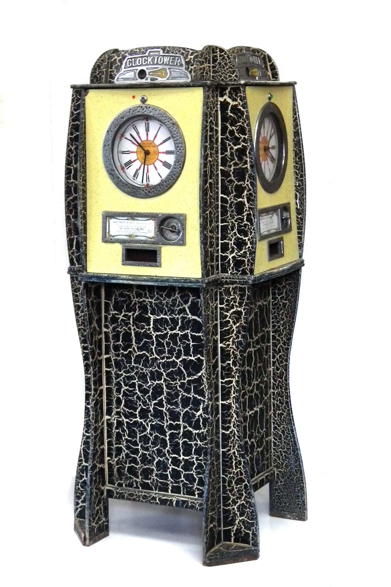 Bryans Clock Tower Quadmatic penny slot machine arcade set, fitted with four clock machines, three