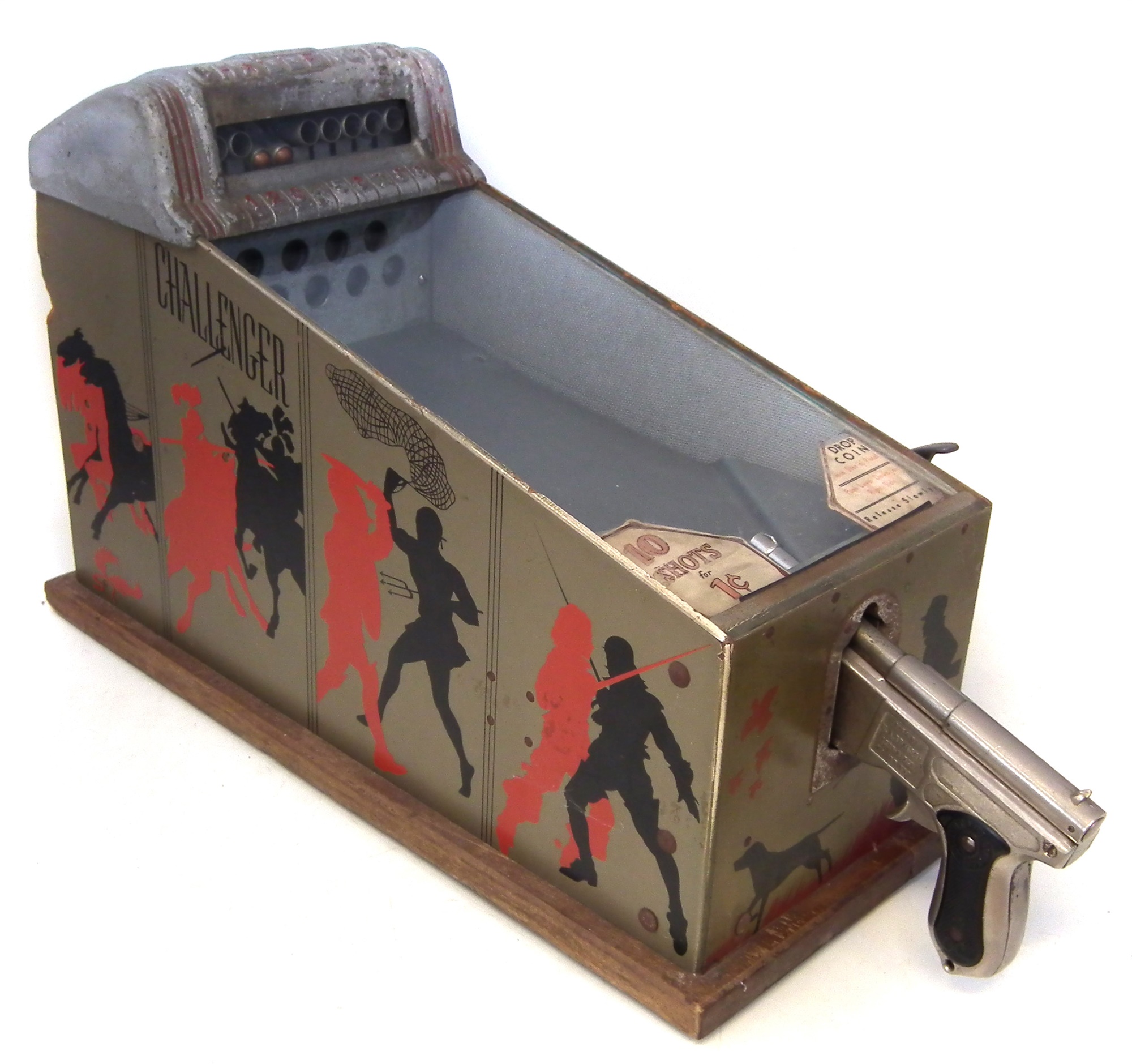 Challenger 1 cent table top pistol pinball machine, by A.B.T Manufacturing Chicago, patented by W.A.