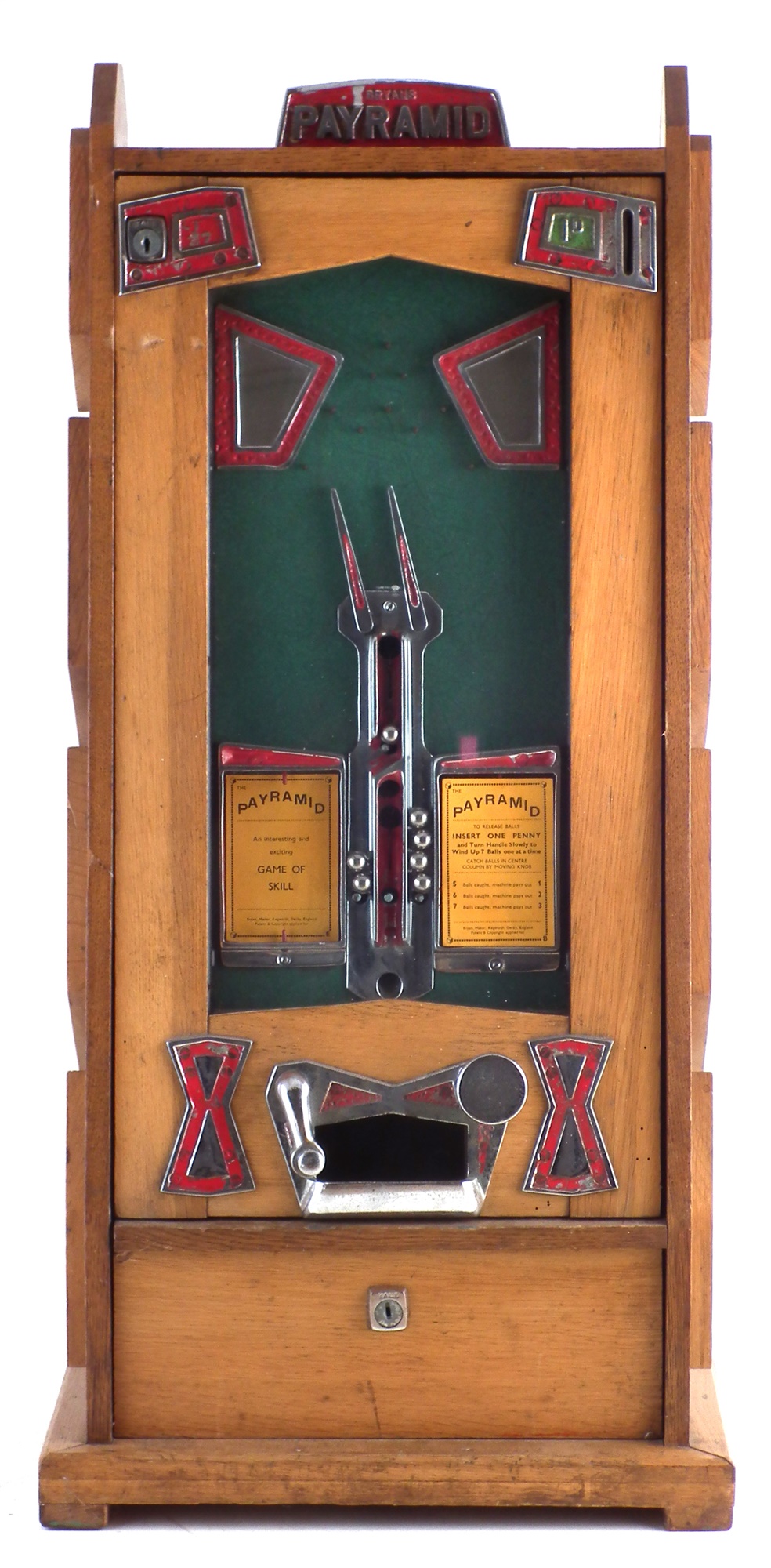 Bryans 'Payramid ' penny slot machine, with seven balls in Art Deco wood case, serial number 787, no