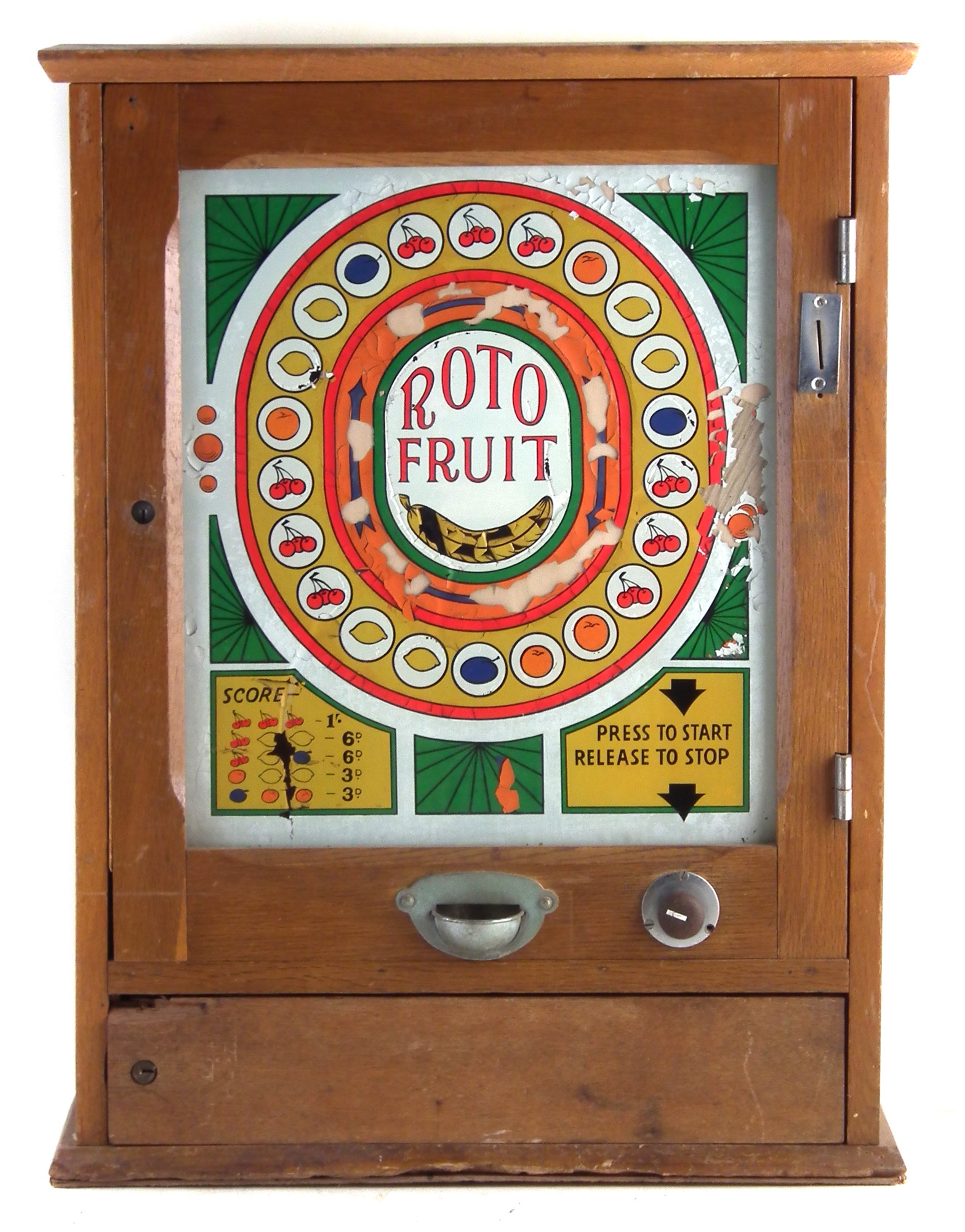 Roto Fruit English electric penny slot machine, with keys for movement and not for cash safe, 75cm