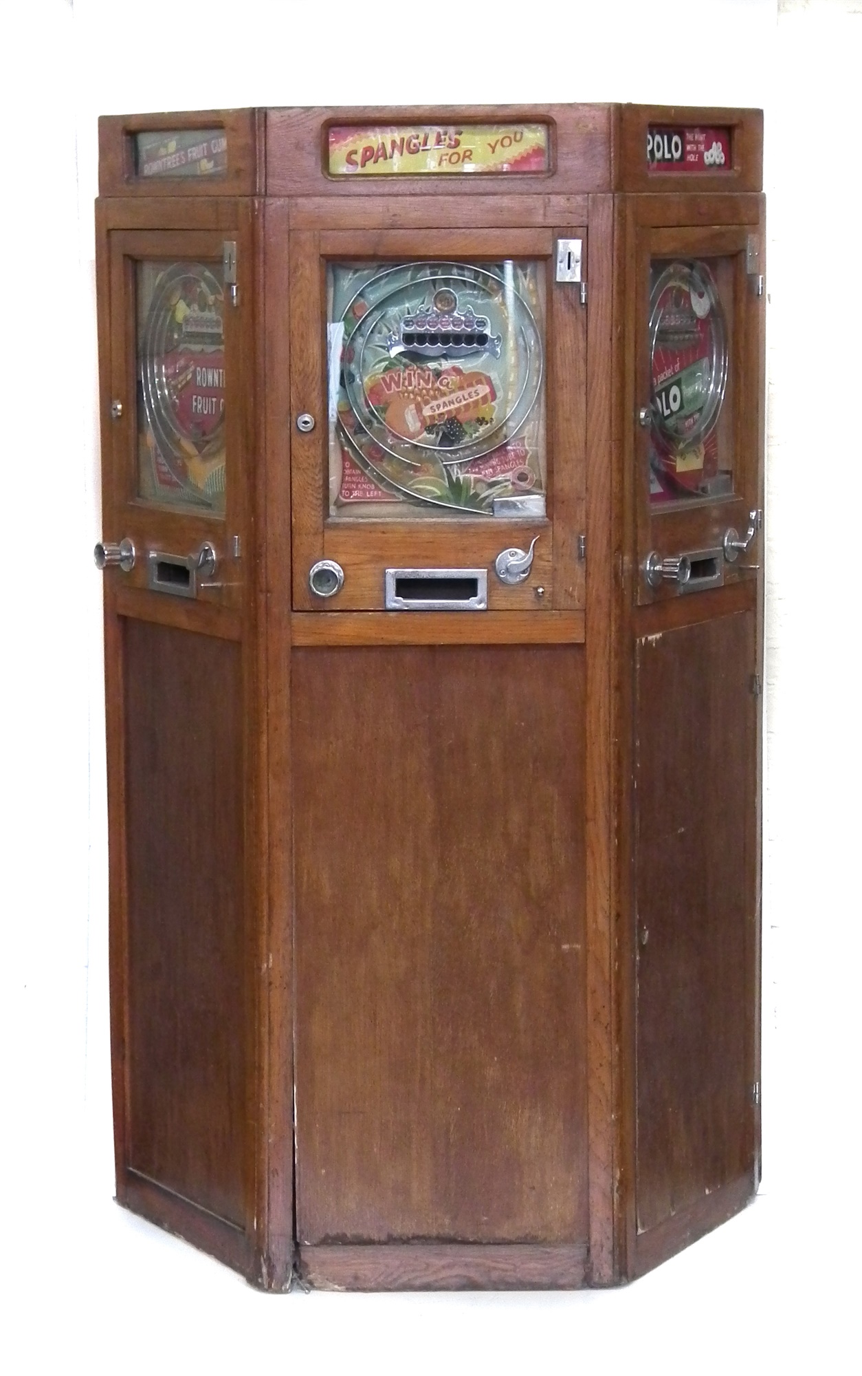 Ruffler and Walker London Triple slot machine in arcade cabinet, to include 'Rowntrees Fruit