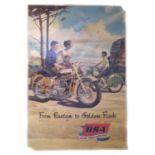 BSA promotion poster "From Bantam to Golden Flash" depicting two BSA motorcycles, 74cm (29") x 50cm