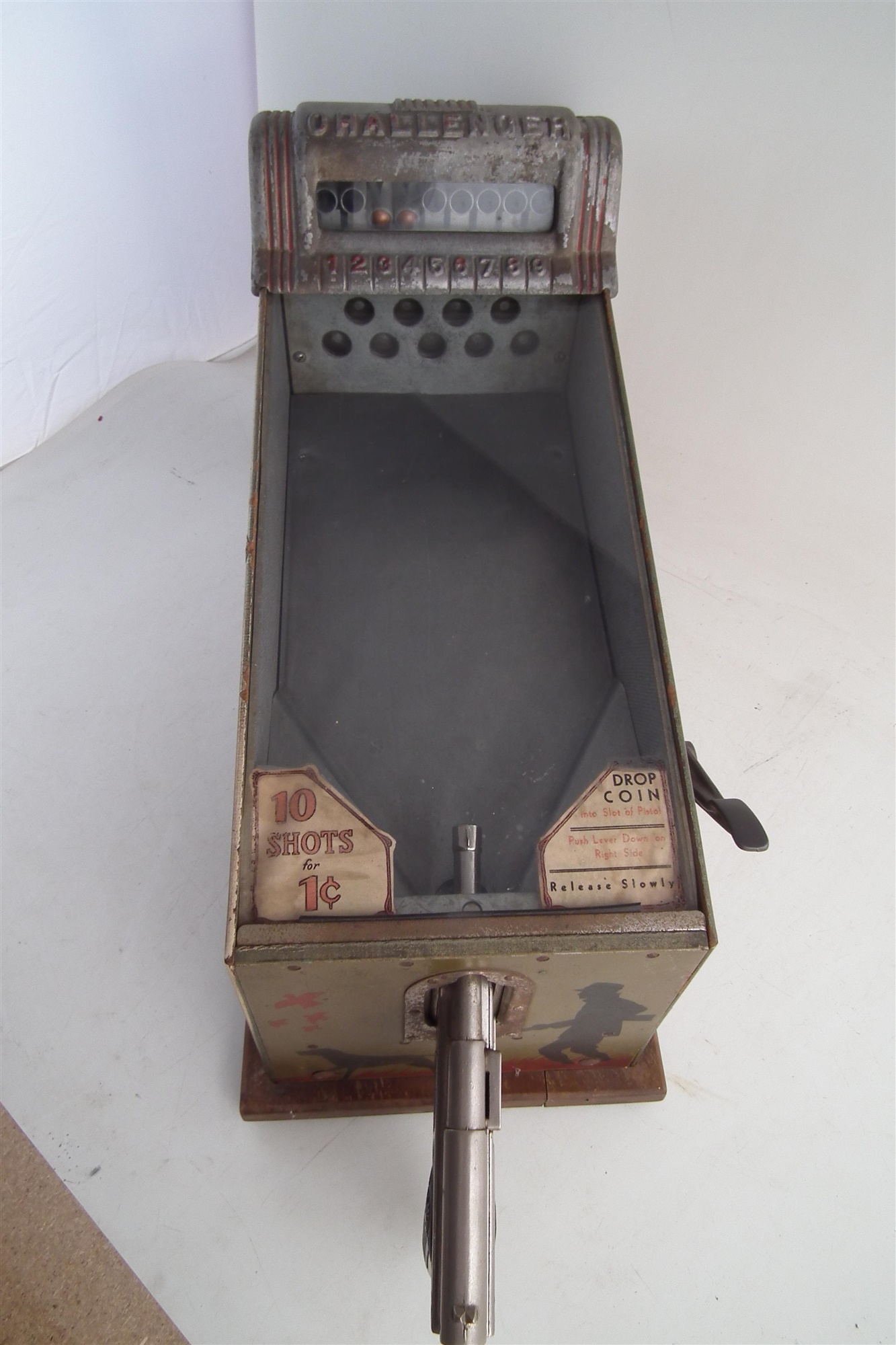 Challenger 1 cent table top pistol pinball machine, by A.B.T Manufacturing Chicago, patented by W.A. - Image 3 of 9