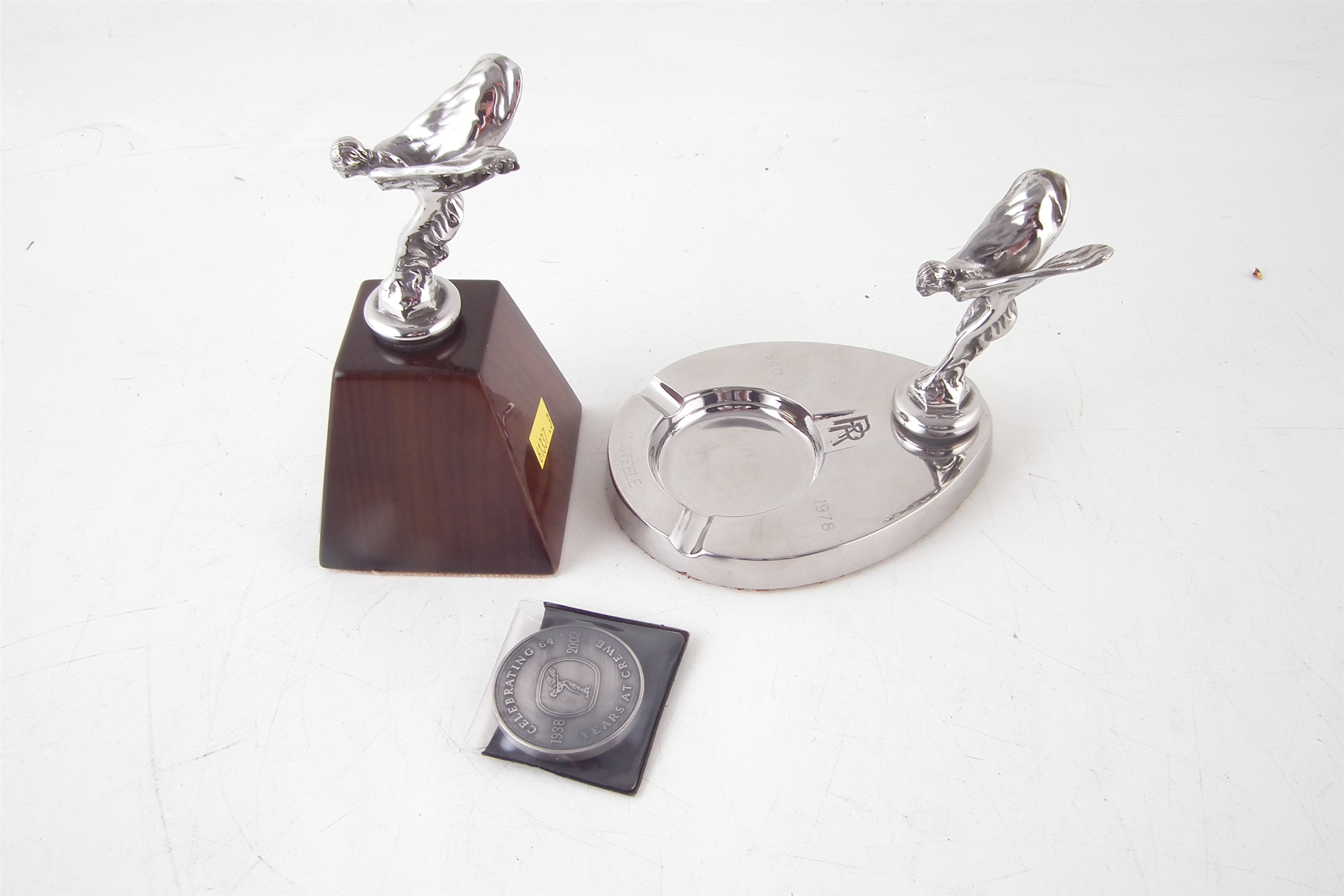 Rolls Royce ashtray with Flying Lady and one other miniature Flying Lady on walnut plinth, also - Image 3 of 3