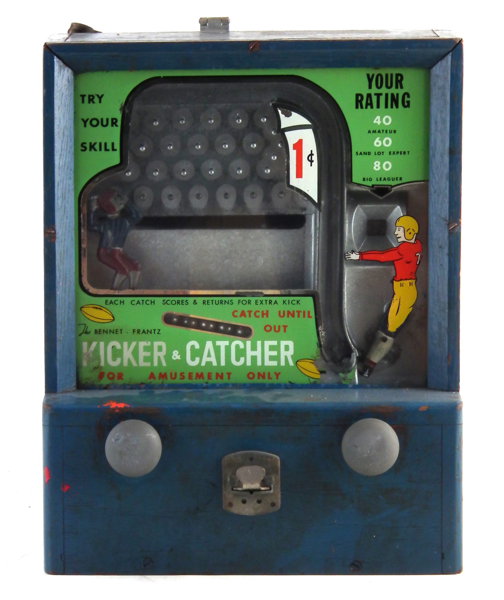 The Bennet Frantz Kicker and Catcher pinball slot machine, running of 1 cent coins, 44cm high. The