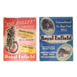 Two 1953 Royal Enfield posters promoting "The 350 Bullet Season of Successes" and "International