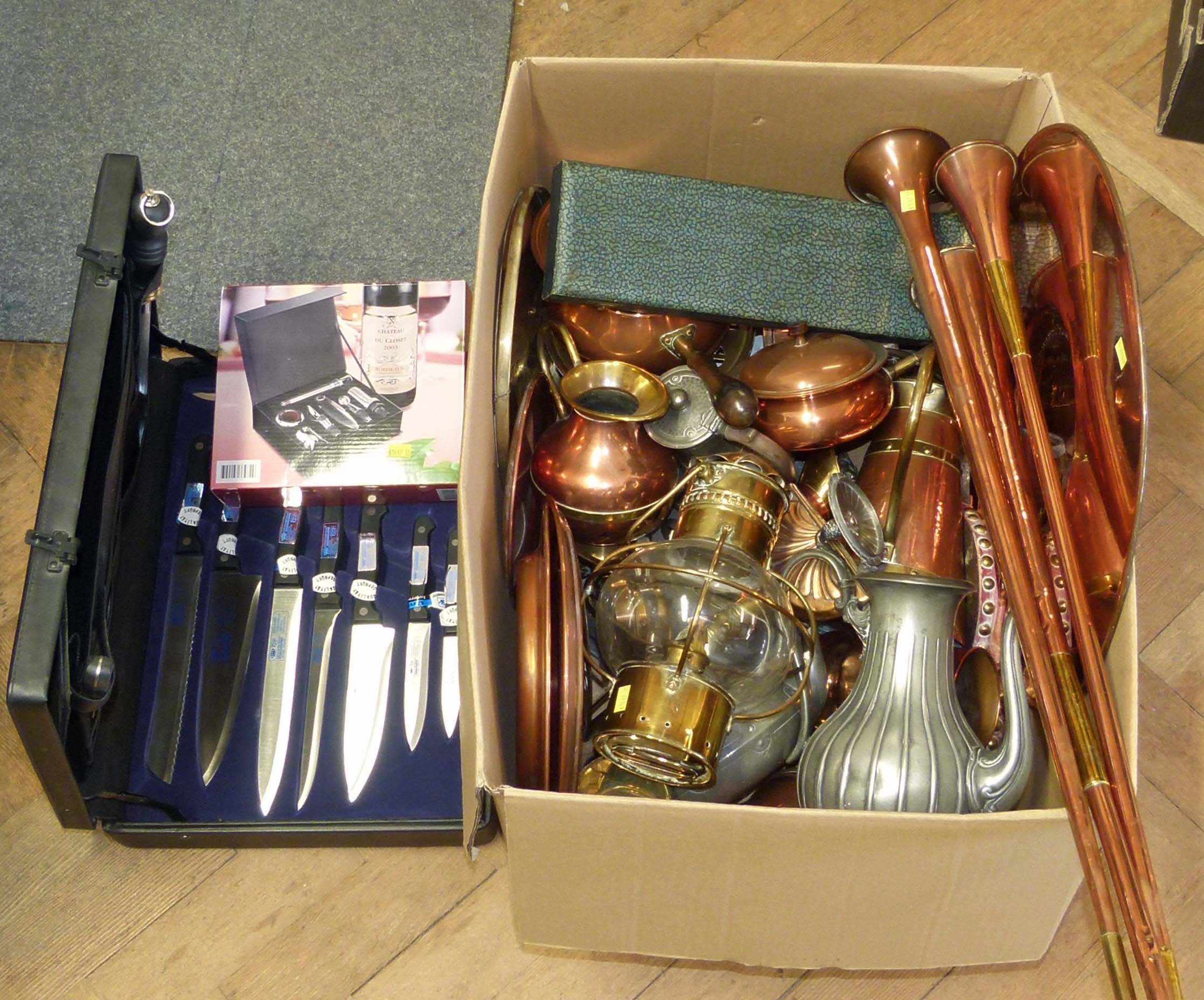 Collection of copper, pewter, carving set, wine set and a cased knife set.