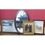 Victorian over-mantle mirror and one other oval mirror, print after Lucy Kemp Welch and a small