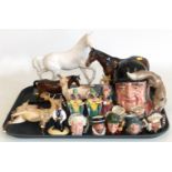 Eight Royal Doulton Character jugs, five Bunnykins figures, and Beswick deer family, and three