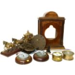 Oak cased bracket clock, two barometers, horse and carriage clock and two other brass clocks