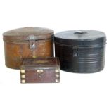 J & J Colman Ltd box in the form of writing slope and two tin hat boxes. Condition reports are not