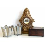 Aneroid barometer in gilt frame, small rosewood tea caddy and a pair of alloy planters Condition