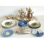 Quantity Excalibur and other flatware, four piece plated tea set, two oval platters, various