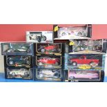 Six Burago 1/18 scale cars, Mercedes Millie Miglia, Mercedes Benz S5K (x2), Jaguar S100, Mercedes