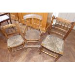 Victorian ash/elm high chair, rush seated child's chair and single dining chairs. Condition