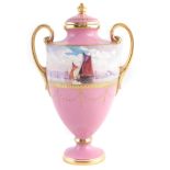 Minton lidded vase signed J.E. Dean , painted with barges and sailing ships within a jewelled gilt