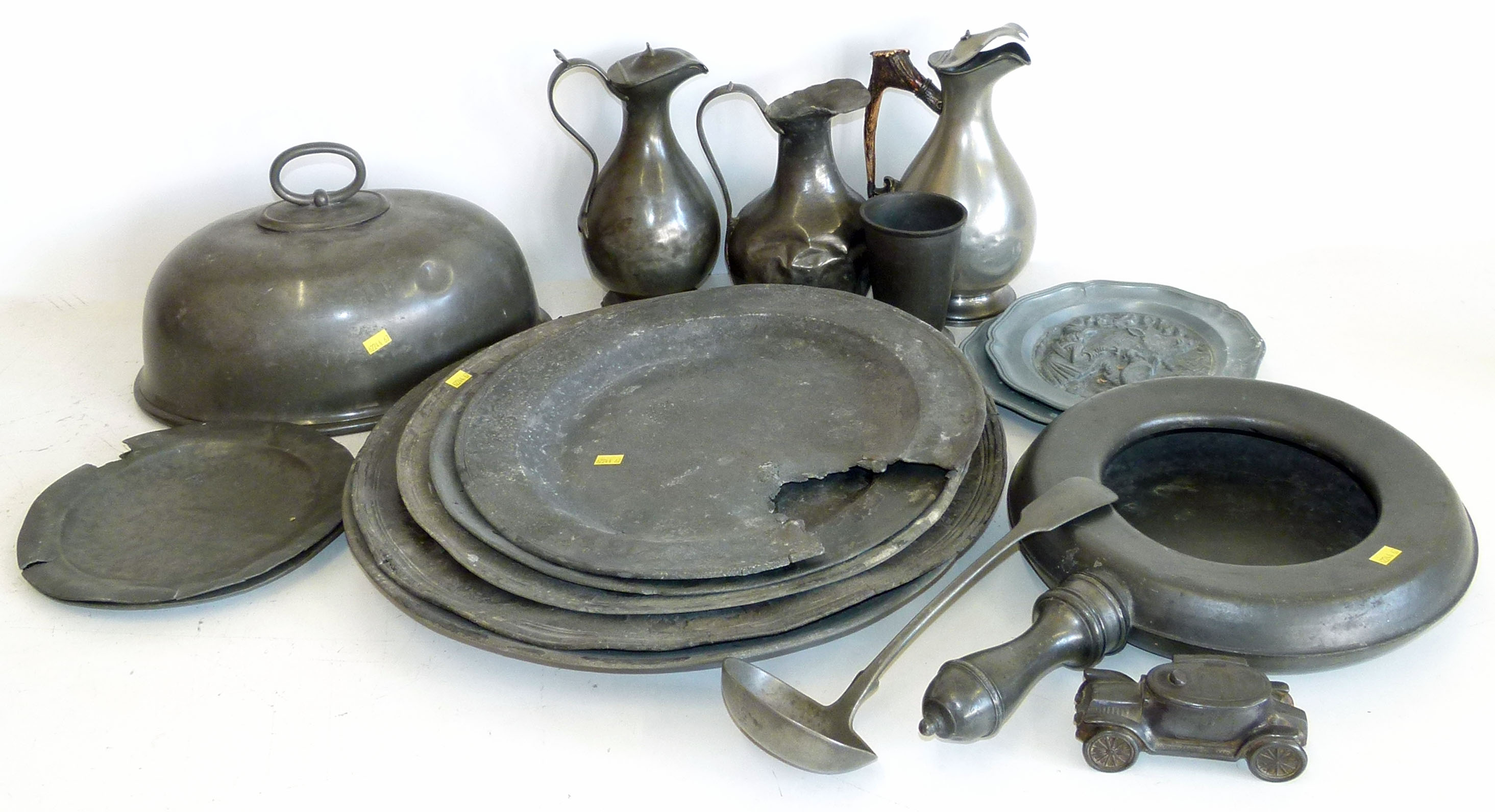 Pewter bed pan by Compton (London), James Dixon & Sons bone handled jug and one other, roundhead