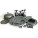 Pewter bed pan by Compton (London), James Dixon & Sons bone handled jug and one other, roundhead