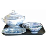 Davenport blue transfer ware, to include a tureen and ladle, pierced stand, and five plates, mid