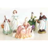 Royal Doulton Country Lass and four other figures of ladies, Condition reports are not available for