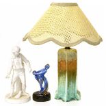 Ruskin table lamp complete with shade, Empire ware posy holder and small Minton & Co. Parian figure,