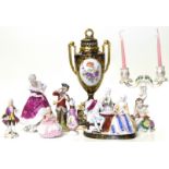 Continental figure group, small Dresden style figure, Two branch candelabra, Limoges scent bottle,