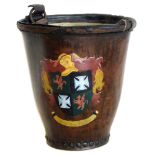 Studded leather fire bucket with crest "Bear and Forbear" and pair of bellows. Condition reports are