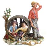 Capodimonte figure group 'La Burla' modelled as children hiding in a barrel, Condition reports are